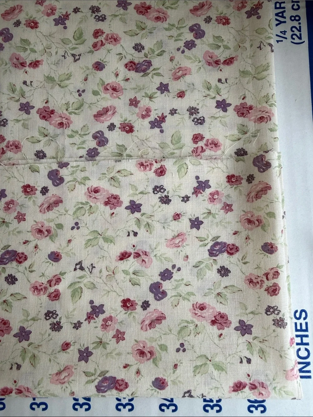 Vintage 90s Floral Fabric 1 3/4+ Yds x 44 Pink Purple Roses Lightweight